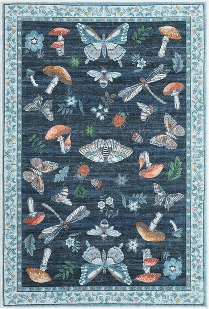 Mushroom Small Rug 2x3 Washable Door Mat Indoor Rugs for Entryway Non-Slip Soft Ultra-Thin Stain Resistant Foldable Rugs Kitchen Bedroom Living Room Blue