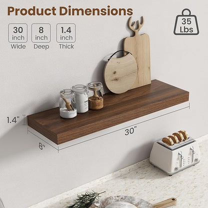 30 Inch Floating Shelves for Wall, 8 Inch Deep Floating Shelf for Storage & Display, Rustic Wall Mounted Shelf with Invisible Brackets for Living Room, Kitchen, Bathroom, Home Decor, Set of 2, Walnut