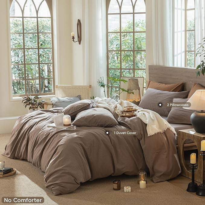 MooMee Wavy Striped Duvet Cover Set 100% Washed Cotton Linen Like Textured Breathable Durable Soft Comfy (Brown, Cal King 104"x98")