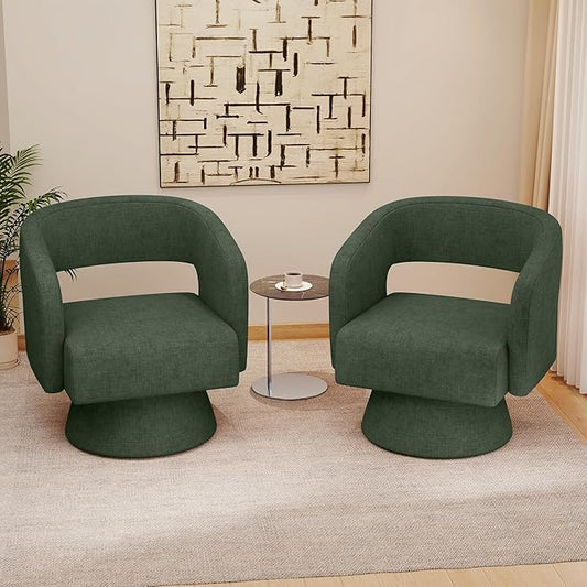 Swivel Accent Chair Set of 2, Modern Comfy Chenille Barrel Chairs, Oversized Upholstered Round Arm Chair for Living Room, Bedroom, Reading Room, Green