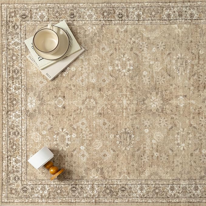 6x9 Brown Area Rug Non Slip Vintage Living Room Distressed Machine Washable Carpet Retro Indoor Bedroom Traditional Floral Accent Throw Rug for Office Kitchen Dorm Dining Room