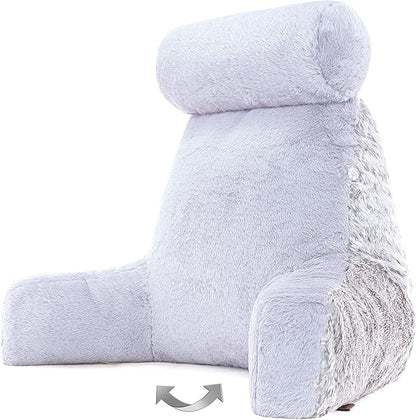 Husband Pillow Medium Rare Baby Arctic Grey Wolf Backrest, 2-Tone Reversible Double Sided Fabulous Faux Fur Reading & Bed Rest Pillow with Arms & Neck Roll, Adjustable Memory Foam - Extremely Comfy
