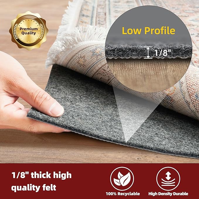 BAGAIL Felt and Natural Rubber Backing Rug Pads 1/8” Thick, 8 x 10 Ft Non Slip Rug Gripper Keep Rugs in Place, Under Area Rug Protective Cushioned Pads, Carpet Runners, Hardwood Floors Protection