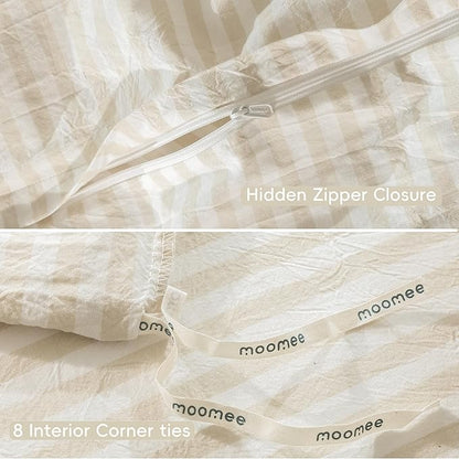 MooMee Striped Duvet Cover Set 100% Washed Cotton Linen Like Textured Breathable Durable Soft Comfy (Almond Milk Grey Classic Stripes, Full 80"x90")