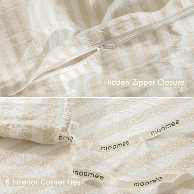 MooMee Striped Duvet Cover Set 100% Washed Cotton Linen Like Textured Breathable Durable Soft Comfy (Almond Milk Grey Classic Stripes, Oversized King Plus 128"x120")