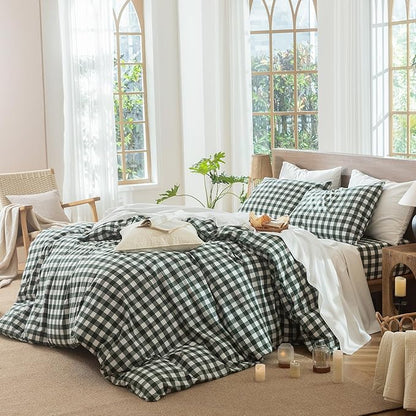 MooMee Gingham Duvet Cover Set 100% Washed Cotton Linen Like Textured Breathable Durable Soft Comfy Modern Checkered Design (Buffalo Plaid Forest Green, Cal King 104"x98")