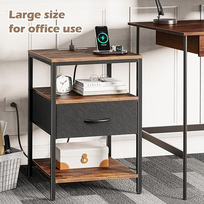 SUPERJARE Night Stand with Charger Station, 27.7 Inch Tall Nightstand with Adjustable Fabric Drawer, Bed Side Table, Fabric Drawer Dresser for Bedroom, Living Room, Rustic Brown and Black
