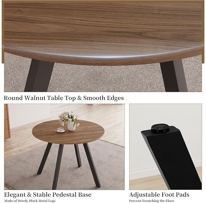 34.6'' Dining Table and Chairs for 2, Mid Century Modern Round Table Set, Space Saving for Apartment Kitchen Dining Room (Walnut Table+2 U-Shaped White Chairs)