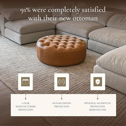 POLY & BARK Ascot Ottoman – 40" Round Pouf with Feather-Down Topper – Full-Grain Leather Upholstered Pouf Ottoman for Living Room – Vintage Italian Leather in Cognac Tan