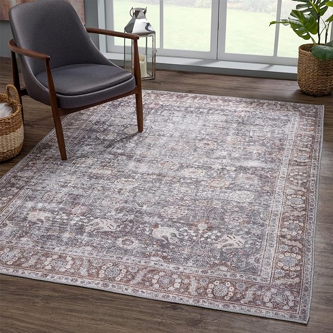 Bloom Rugs Washable 8' x 10' Rug - Brown/Dark Gray Traditional Area Rug for Living Room, Bedroom, Dining Room, and Kitchen - Exact Size: 8' x 10'