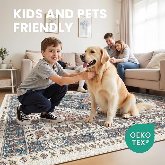 zesthome 8x10 Area Rugs for Living Room,Non-Slip Backing Washable Rugs,Vintage Large Area Rug，Stain Resistant Home Decor Rug (Navy Blue/Red,8'x10')