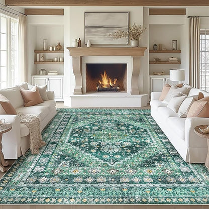 zesthome 8x10 Area Rugs for Living Room,Non-Slip Backing Washable Rugs,Vintage Large Area Rug，Stain Resistant Home Decor Rug(Green/Teal,8'x10')