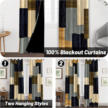 Wood Print Retro 100% Blackout Curtains for Bedroom 84 inch Long 2 Panels Set Modern Abstract Geometric Black Out Curtains Insulated Room Darkening Window Drapes for Living Room, 52Wx84L