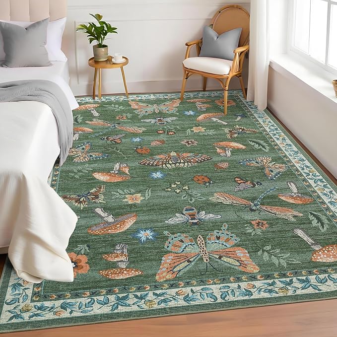 Mushroom Insect Area Rug 4x6 Green
