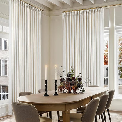 Extra Wide Pinch Pleat Curtains 96 Inches Long for Patio Sliding Glass Door Cream Linen 100 Inch Wide Curtain Memory Trained Pleated Drapes with Hooks Rings Semi Sheer 100x96 Curtain for Large Window