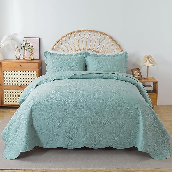 HoneiLife Quilt Set Queen Size - 3 Pieces Queen Quilt Bedding Set Microfiber Quilt Sets Lightweight Bedspreads Reversible Coverlets Retro Bed Cover Floral Bedding Set All Season Quilts-Sage Green