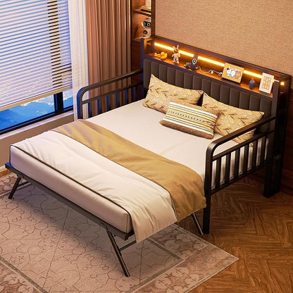 Daybed with Trundle and LED Light, Heavy Duty Metal Twin Bed Frame with Upholstered Storage Headboard & Charging Station, Day Bed Pop Up Trundle Bed Twin for Living Room,Bedroom and Guest Room, Brown