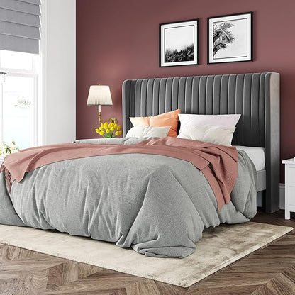 Allewie Queen Size Velvet Bed Frame/Vertical Channel Tufted Wingback Headboard/Upholstered Platform Bed/Strong Wooden Slats/No Box Spring Needed/Easy Assembly/Grey