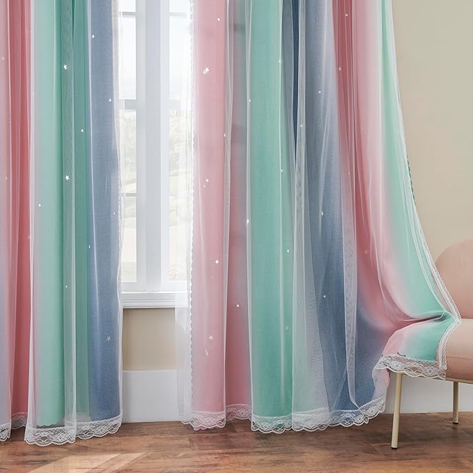 XiDi Pink Grey Curtains for Girls Bedroom, Unicorn Wall Decals Green Curtain, Kids Curtains Room Darking, 63 inchs Long Blackout Curtain 52 inches Wide 1 Panel