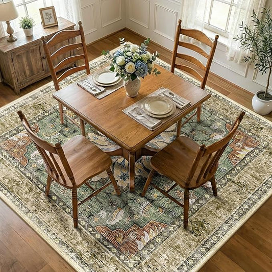 Area Rugs Square 7ft Washable Non-Slip, Floral Vintage Distress Print Pattern Medallion Carpet for Living Room Bedroom Dining Room, Brick Red Rust Neutral Brown Burnt Orange Green