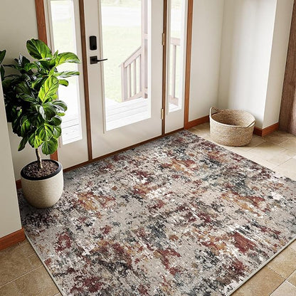 Modern Area Rug 3x5 Machine Washable Entryway Entrance Carpet Red Brown Multi Kitchen Mat Non Slip Indoor Accent Neutral Abstract Distressed Throw Rug for Dining Living Room Office Bedroom