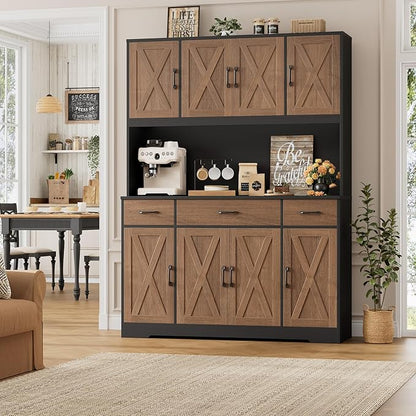 HOSTACK 71" Tall Kitchen Pantry Storage Cabinet with Charging Station, 55" Wide Kitchen Hutch Cabinet with Large Countertop, Farmhouse Food Pantry with Drawers for Living Room (Brown/Black)