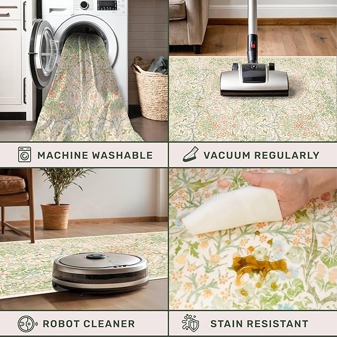 Washable Neutral Floral Living Room Rug, 3x5 Area Rugs for Bedroom, Nursery, Kitchen, Large Entryway, Vintage Non-Slip Throw Rug Low Pile Stain Resistant (3x5 Garden Green)