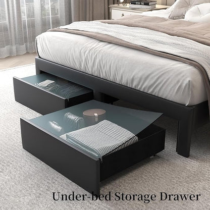 Queen LED Bed Frame with 2 Storage Drawers, PU Upholstered Platform Beds with Galaxy Star Projector Charging Station Speaker, Aurora Bedframe with 2-Tier Storage Headboard, Noise-Free, Black