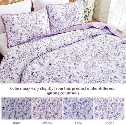 WONGS BEDDING Quilt King Size, Purple Quilt Bedding Set with 2 Pillowcases, Botanical Quilt for King Bed, Soft Microfiber Lightweight Coverlet Bedspread for All Season (110"×90", 3 Pieces)