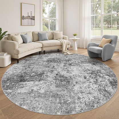 8ft Round Area Rug Living Room Rugs - 8x8 Washable Large Soft Indoor Neutral Modern Abstract Low Pile Rug Carpet for Bedroom Dining Room Farmhouse Home Office - Grey