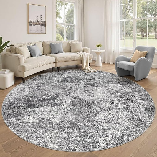 8ft Round Area Rug Living Room Rugs - 8x8 Washable Large Soft Indoor Neutral Modern Abstract Low Pile Rug Carpet for Bedroom Dining Room Farmhouse Home Office - Grey