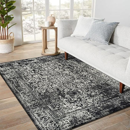 vivorug 5x7 Area Rugs, Stain Resistant Washable Rug for Living Room, Vintage-Inspired Black and White Rug