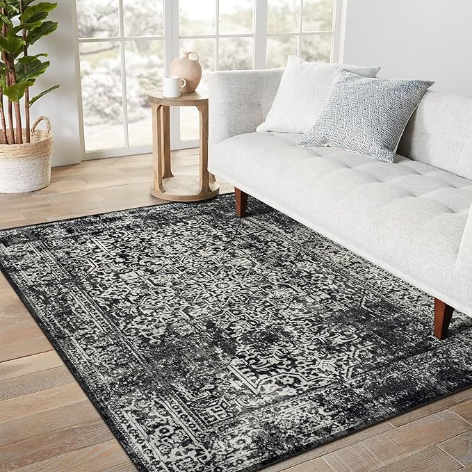 vivorug 3x5 Area Rugs, Stain Resistant Washable Rug for Living Room, Vintage-Inspired Black and White Rug