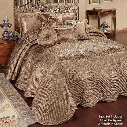 Touch of Class Portia Luxury Bedding | Rich Smoky Topaz | Premier Quilted Polyester Satin | Hand Guided Machine Quilted Scroll Design 3 Piece Set: Full Oversized Bedspread & 2 Standard Shams