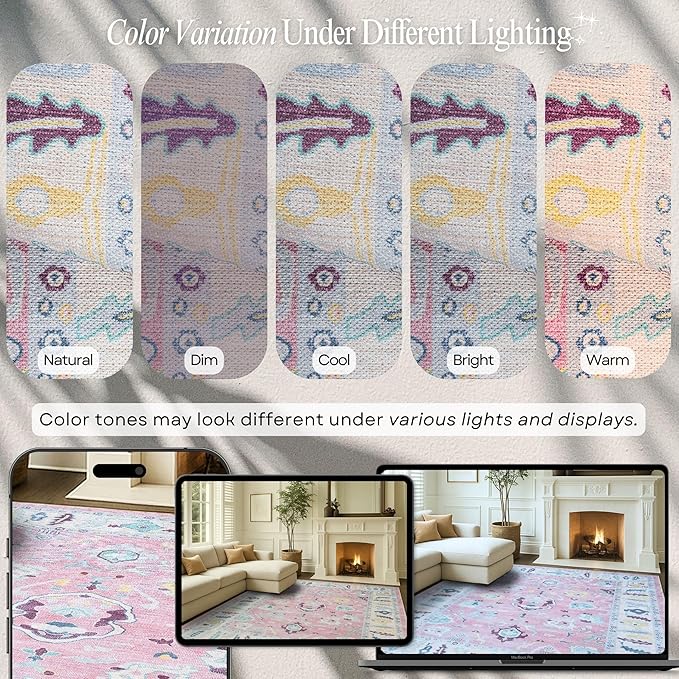 Fame Rugs Pink Modern Oushak Rug 9x12, Vintage Turkish Colorful Oriental Washable Antique Inspired Oversize Area Rugs, Luxury Living Room Bedroom (385PB, 9' x 12)