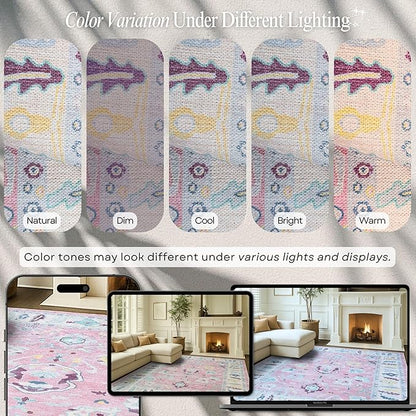 Fame Rugs Pink Modern Oushak Rug 6x9, Vintage Turkish Colorful Oriental Antique Inspired Washable Large Area Rugs, Luxury Living Room Bedroom (385PB, 6' x 9')