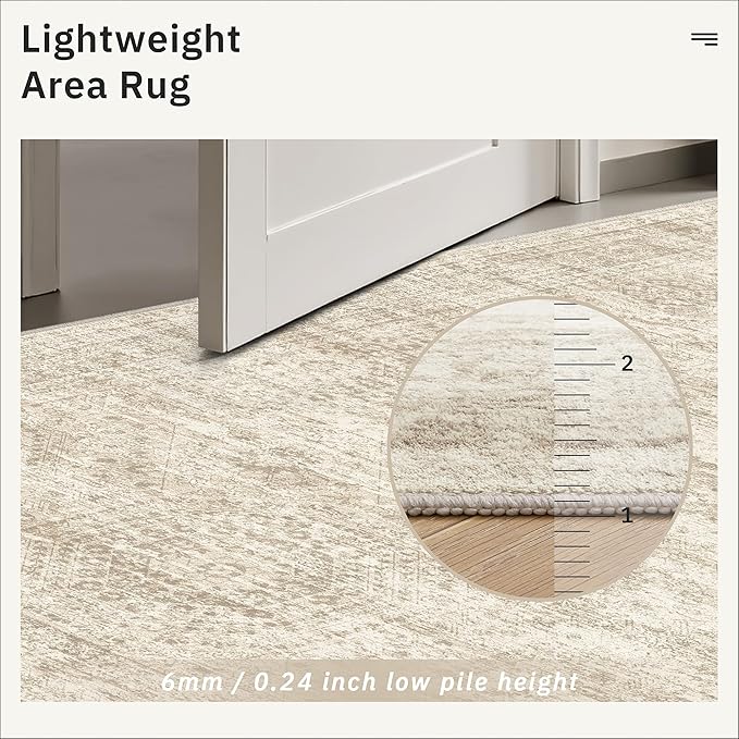 9x12 Area Rugs for Living Room, Non Slip Machine Washable Vintage Rugs, Low Pile Lightweight Large Rug for Bedroom, Dining Room, Home Office Beige