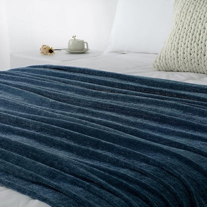 Chenille Throw Blanket for Couch 60"X 80" Twin, Soft Cozy Throws with Fringe Tassel for Bed Sofa Chair Cover, Lightweight Knitted Decorative Boho Blankets for Living Room, Navy Blue