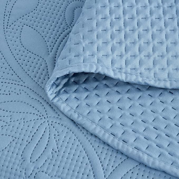 CHIXIN Bedspread Coverlet Set Queen Size - Lightweight Bedding Cover - Ultrasonic Quilting - 5 Piece Reversible Bedspread - Vintage Rose Pattern (Queen, Ashley Blue)