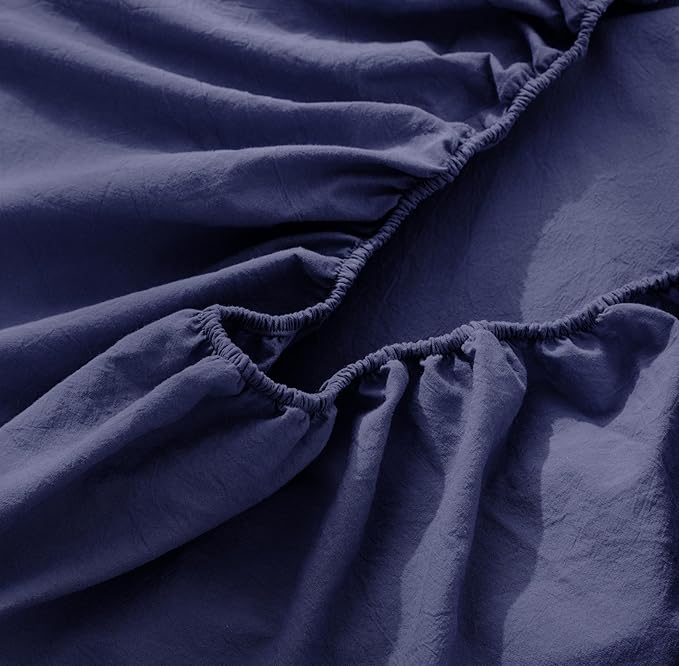 MooMee Fitted Bottom Sheet Only 100% Washed Cotton Linen Like Textured Breathable Durable Soft Comfy Deep Pocket Fits Mattress up to 17" (Dark Blue, Twin)