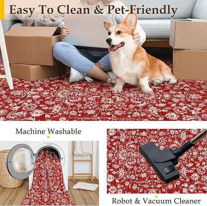 Christmas Area Rug 3x5 Red Washable Office Carpet Holiday Door Mat Vintage Low Pile Distressed Retro Floral Throw Non Slip Soft Decorative Xmas Rug for Entryway Kitchen Bedroom Bathroom