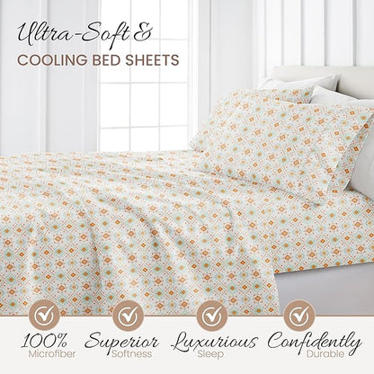 Linen Market Patterned Microfiber Queen Sheet Set 4 Piece – Oeko-TEX Certified Ultra Soft & Wrinkle-Free - 16" Deep Pocket Sheets - Easy Care Queen Size - Aztec Dreams Coral