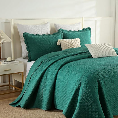MarCielo 3-Piece 100% Cotton Oversized Bedspread Lightweight Quilt Coverlet Embroidery Farmhouse Bedding Set T0 (Emerald, Oversized Queen (100"x106"))