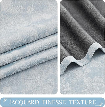Beauoop Blue Floral Jacquard Blackout Curtains 96 Inches Long 2 Panels for Bedroom Living Room Chenille Flower Room Darkening Thermal Insulated Soundproof Rod Pocket Back Tab Window Drapes, 52x96