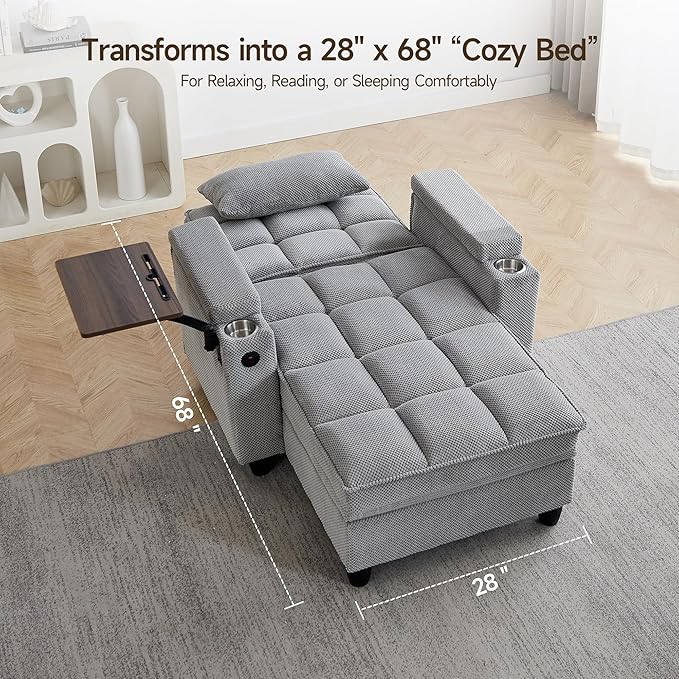 41.7" Oversized Chaise Lounge Chair Indoor, Boucle Upholstered Sofa Bed with Adjustable Backrest, Deep Seat Reading Chair, Sofas Couches for Living Room, Storage, Cup Holders & 360° Swivel Side Table | Oversized chaise, Indoor lounge chair, Convertible...