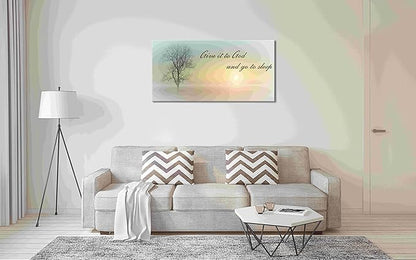 Misty Sunset & Tree Plant Picture For Bedroom Above Bed,Large White Country Wood Sign For Bathroom Canvas Wall Art,Give It To God And Go To Sleep Artwork Decor,Gallery Wrapped Gift,Inner Frame(30x60)