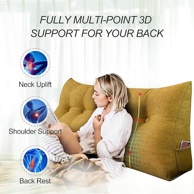 homecozy Wedge Headboard Pillow Dorm Room Reading Pillow Back Support for Sitting Up in Bed Bolster Lumbar Cushion Body Positioning Bedrest Gifts for Mom Cotton Linen 76in Yellow King
