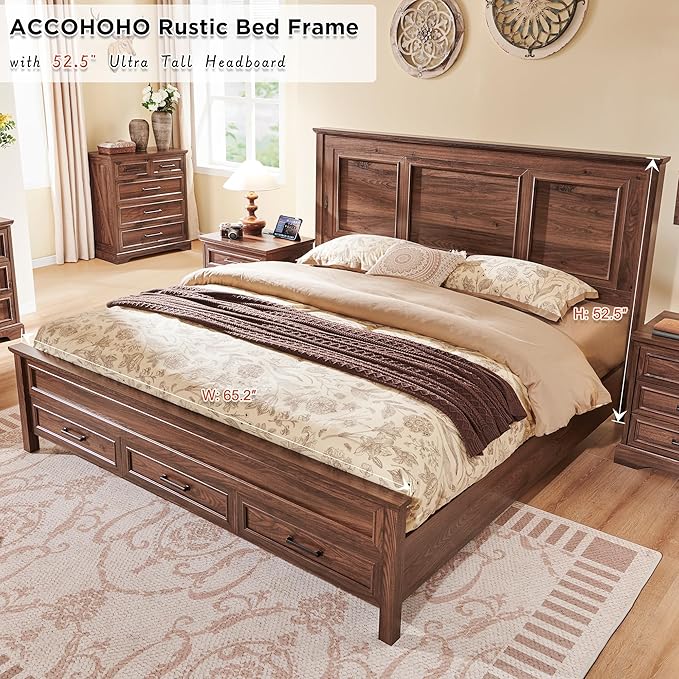ACCOHOHO Farmhouse Queen Size Bed Frame with 52" Tall Headboard, Wood Platform Bedframe with Footboard and Storage Drawers, No Squeak, No Box Spring Needed, Brown