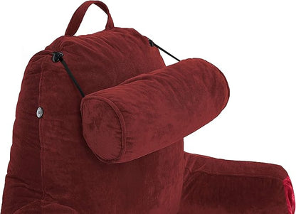 Husband Pillow Medium Maroon, Backrest for Kids, Teens, Petite Adults - Reading Pillows with Arms, Adjustable Loft, Plush Memory Foam, Bed Rest Chair for Sitting Up, Detach Neck Roll, Removable Cover