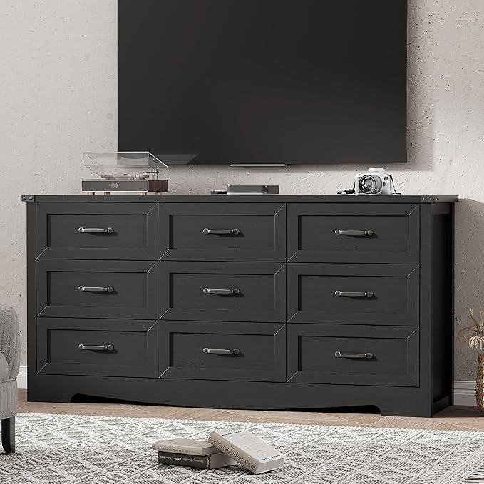 Dresser for Bedroom with 9 Drawers, 59" Wide Modern Chest of Drawers with Deep Drawers & Mental Handle, Wood Dresser TV Stand, Wooden Closet Storage Organizer for Living Room, Hallway, Entryway, Black
